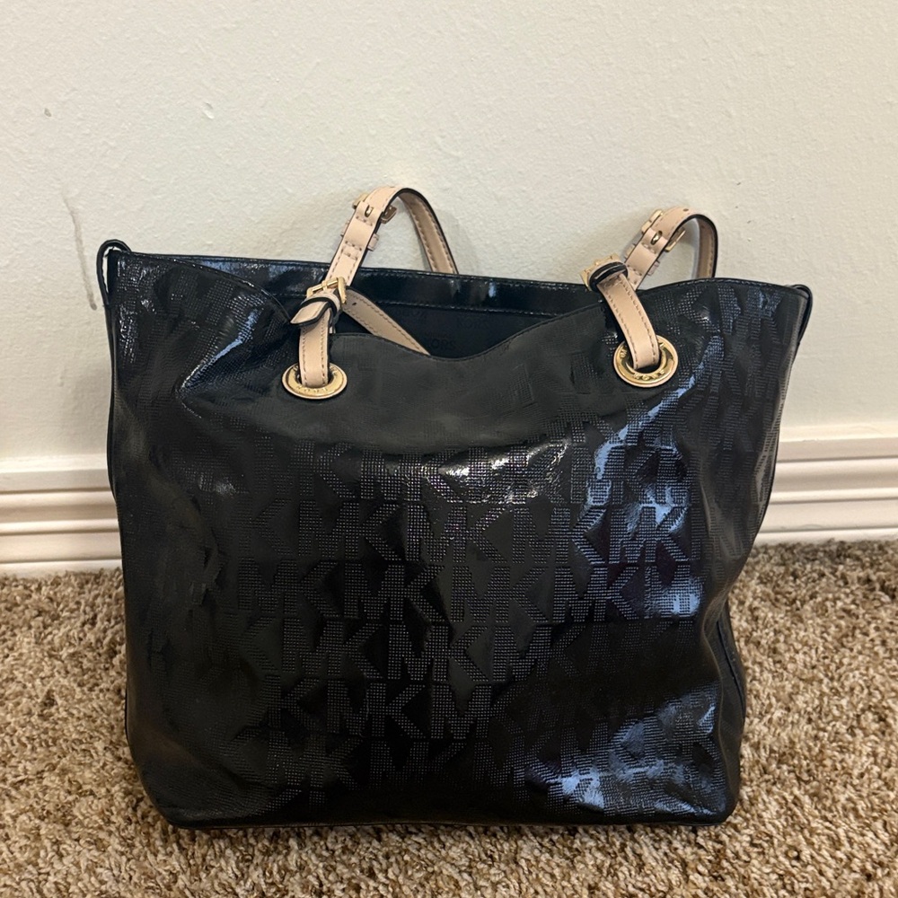 Michael Kors Shiny Black Tote with Tan Handles